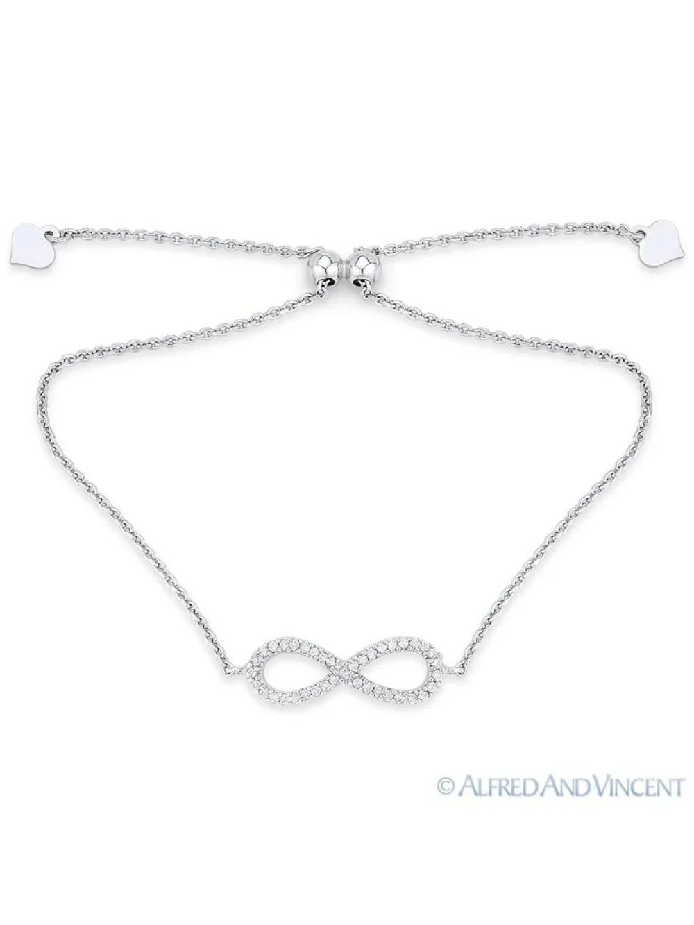 Infinity Figure 8 & Heart Charm CZ Crystal Bolo Bracelet in .925 Sterling Silver